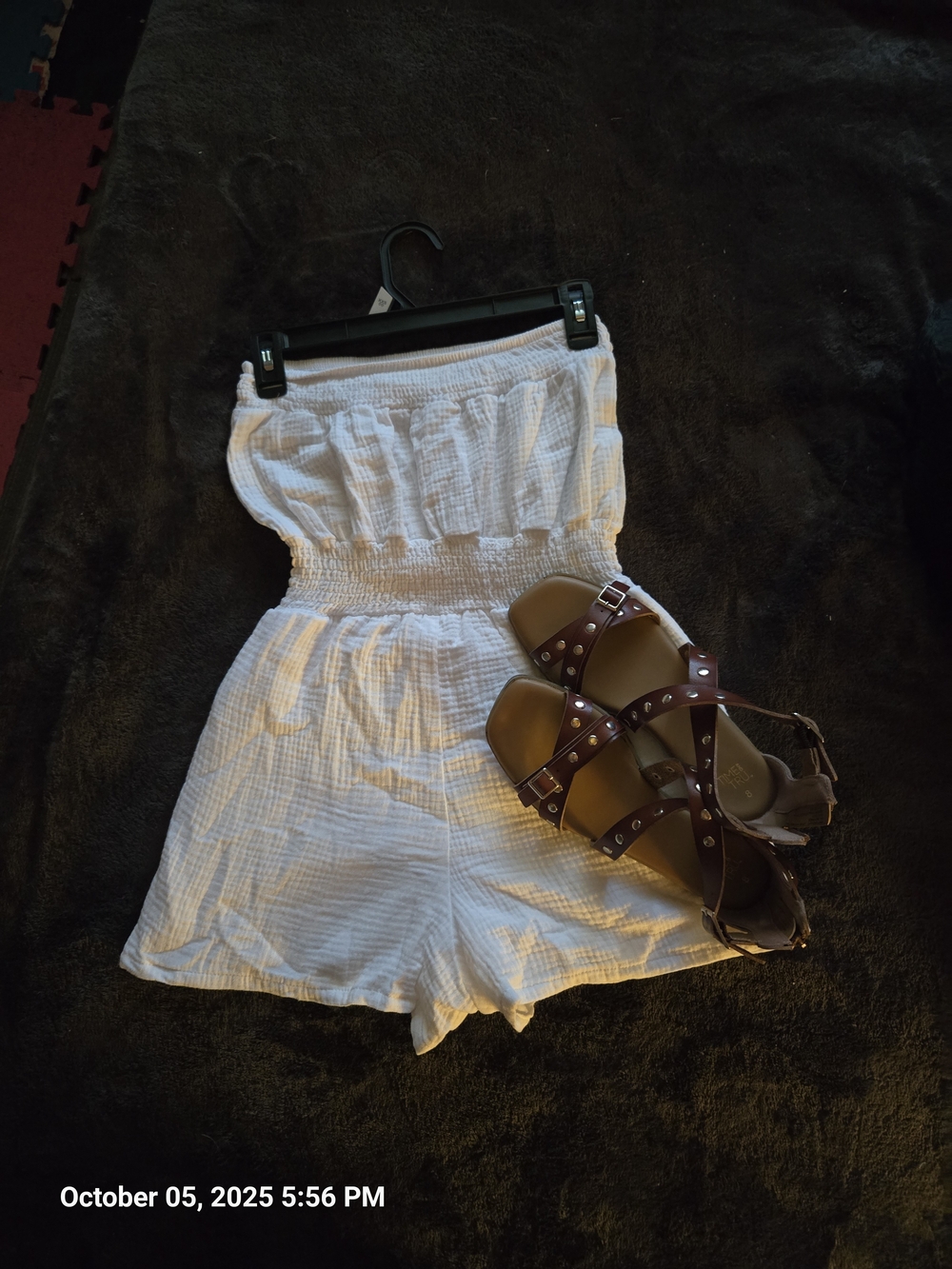 White Strapless Smocked Romper - Women Shorts Jumpsuit Plus Brown Sandles